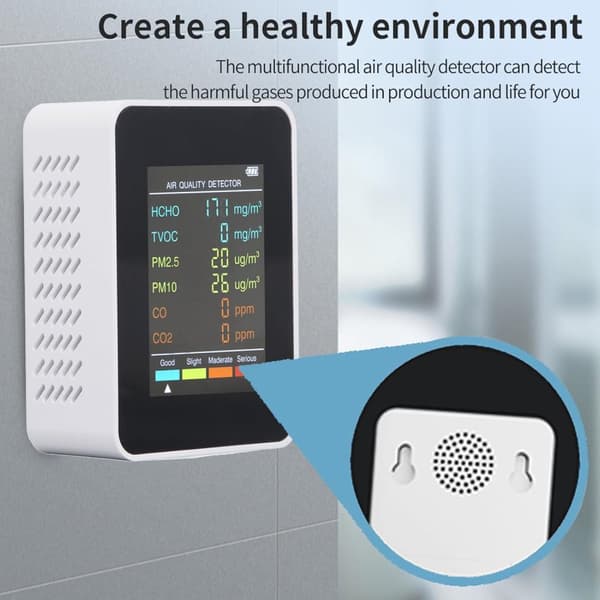 OBOSOE luftkvalitetsmonitor med LCD-skærm - Bærbar CO2, TVOC, HCHO, PM2.5, PM10 indendørs detektor, USB-genopladelig, ABS-materiale