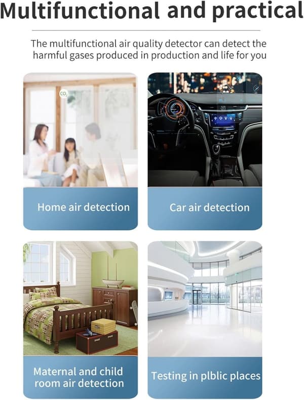 OBOSOE luftkvalitetsmonitor med LCD-skærm - Bærbar CO2, TVOC, HCHO, PM2.5, PM10 indendørs detektor, USB-genopladelig, ABS-materiale