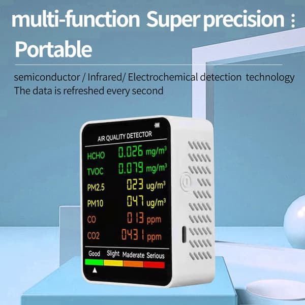 OBOSOE luftkvalitetsmonitor med LCD-skærm - Bærbar CO2, TVOC, HCHO, PM2.5, PM10 indendørs detektor, USB-genopladelig, ABS-materiale