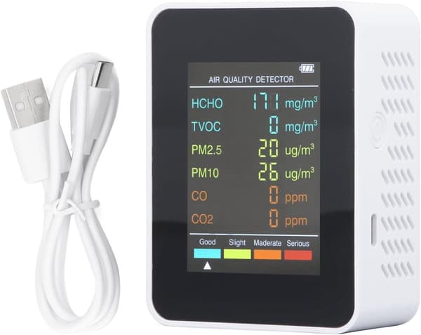 OBOSOE luftkvalitetsmonitor med LCD-skærm - Bærbar CO2, TVOC, HCHO, PM2.5, PM10 indendørs detektor, USB-genopladelig, ABS-materiale Hvid