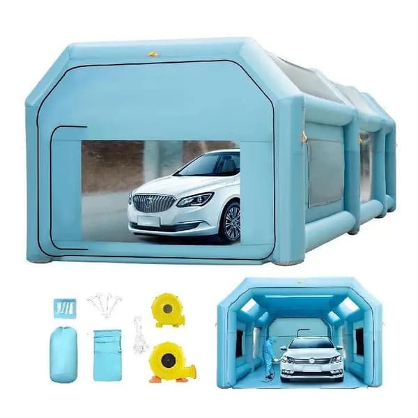 8x4x3m uppblåsbar målarbås kit med avtagbara dubbeldörrar, stor storlek, högeffektivt filtreringssystem, ljus och säker design