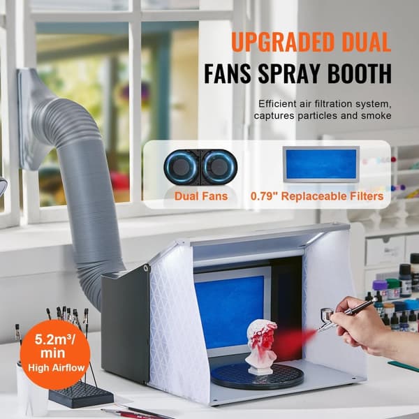portabel airbrush spraybås med 4 LED-lampor och kraftfulla dubbla avgasfläktar, hopfällbar design spraybox med stor skivspelare
