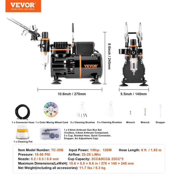 VEVOR Ilmaharjaussetti, 120W Syöttöteho, Säädettävä Paine 15-50 PSI,Tyyppi B
