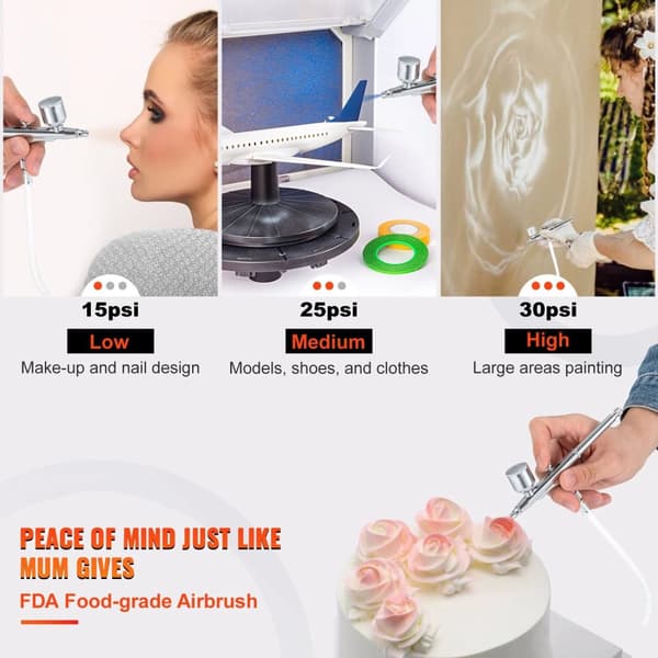 30PSI dubbelverkande airbrush kit, 3 lägen, bekväm automatisk start/stopp, effektiv olje- och vattenfiltrering, säker att använda