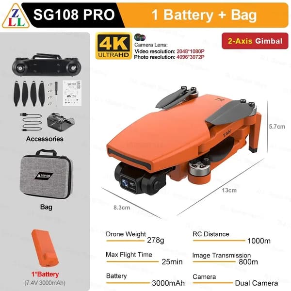 SG108 Pro Drone, 4K Dual Kamera, 1000m Kontrolafstand,108Pro Orange 1B CB