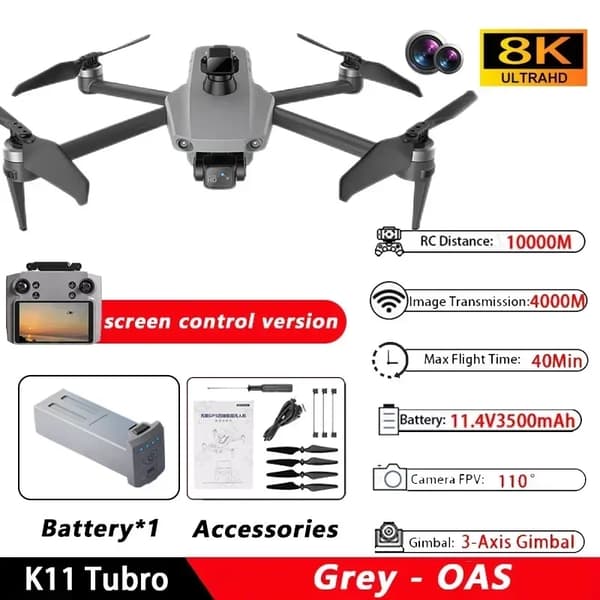 K11 Tubro Drone, 8K Kamera, 40 Minuters Flygtid, 10000 M Kontrollavstånd,O-OAS-Regular