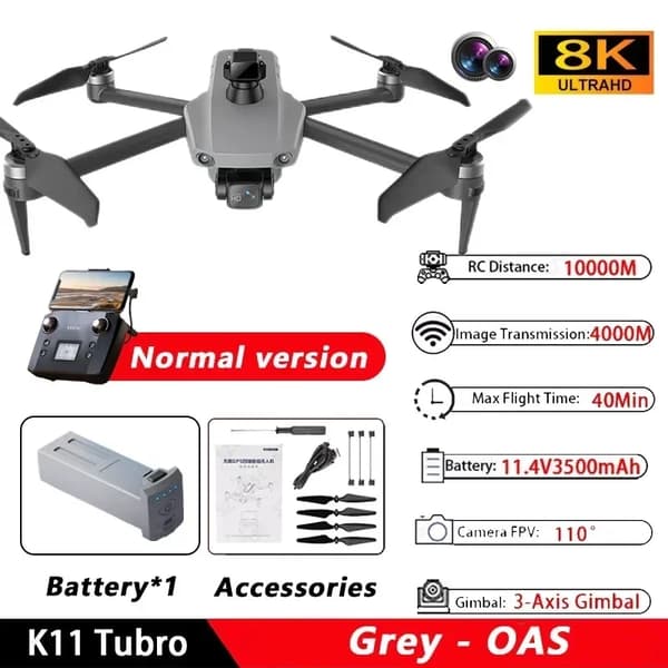 K11 Tubro Drone, 8K Kamera, 40 Minuters Flygtid, 10000 M Kontrollavstånd,O-OAS-Regular
