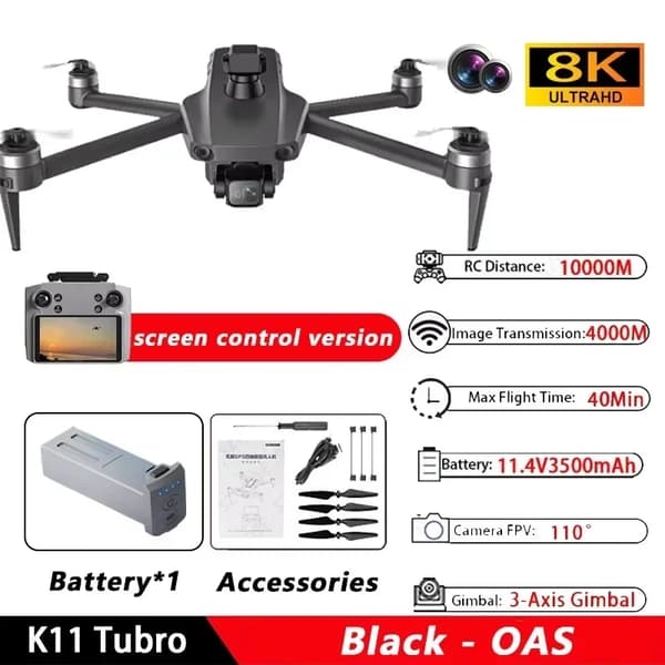 K11 Tubro Drone, 8K Kamera, 40 Minuters Flygtid, 10000 M Kontrollavstånd,O-OAS-Regular