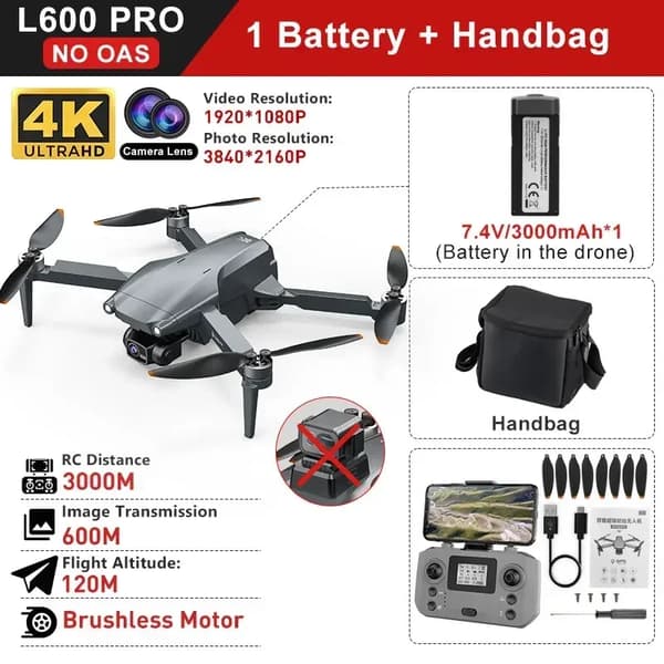 4K Ammattimainen Drone, 3000M RC Etäisyys, 25-Minuutin Lentoaika,L600PRO-NoOAS-1B-Laukku