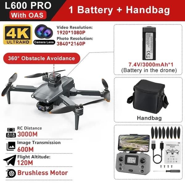 4K Professionel Drone, 3000M RC Afstand, 25-Minutters Flyvetid,L600PRO-OAS-1B-Tasker