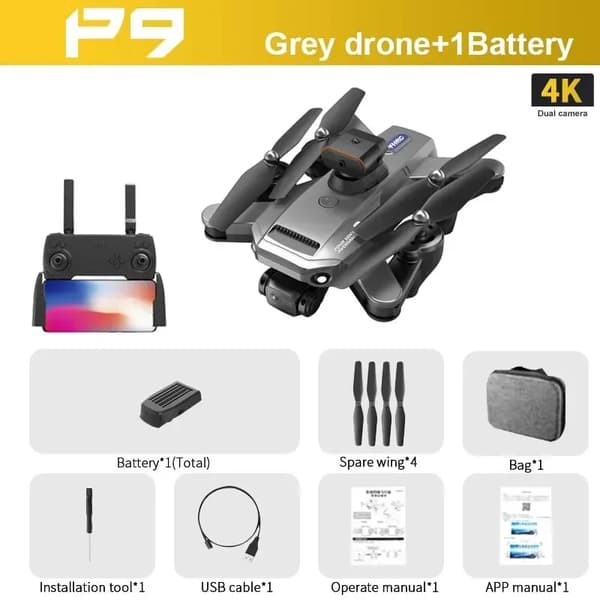 P9 Drone, 1080p HD -video, 15 minuutin lentoaika,Harmaa-4K-1B
