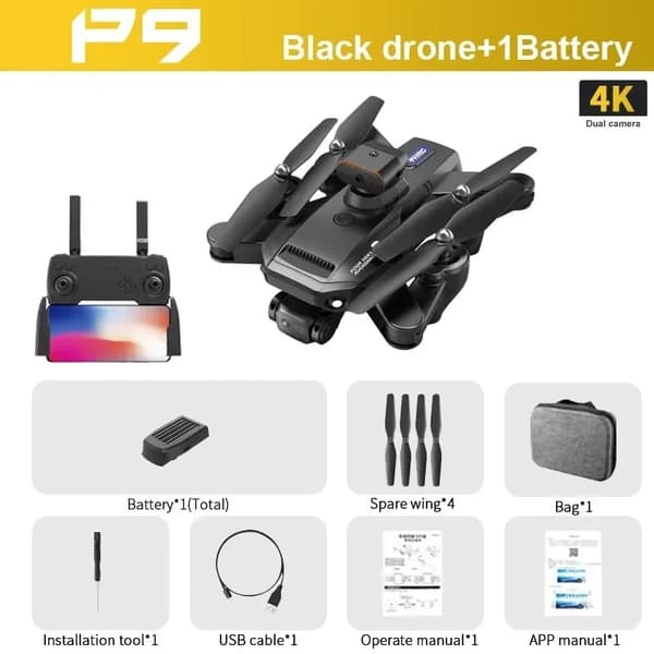P9 Drone, 1080p HD -video, 15 minuutin lentoaika,Musta-4K-1B