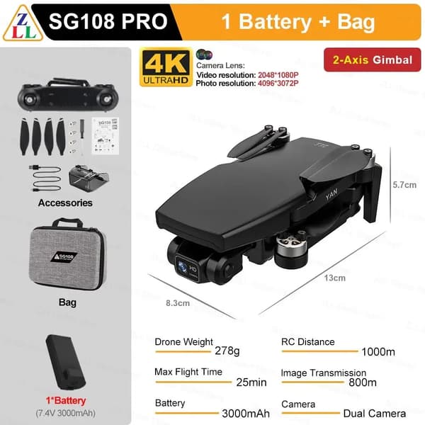 SG108 Pro Drone, 4K Dual Kamera, 1000m Kontrolafstand,108Pro Balck 1B CB