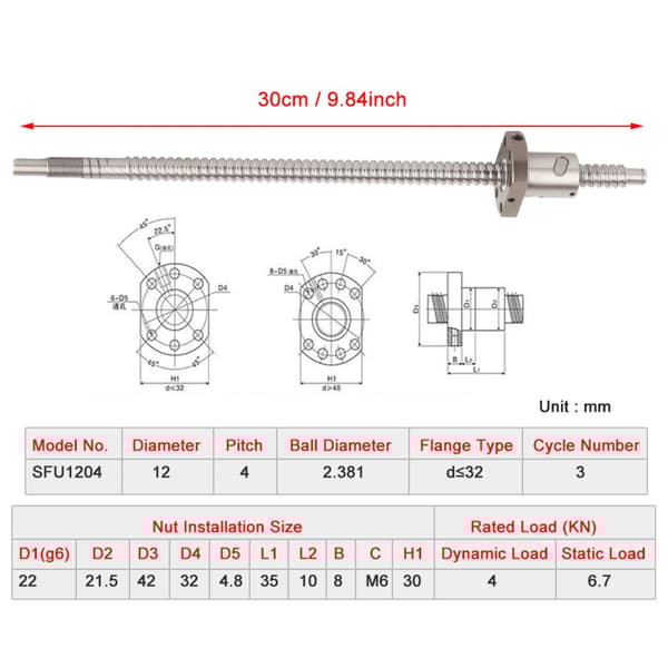 Anti Backlash Ballscrew, 300 mm længde, rullet design, egnet til CNC-applikationer