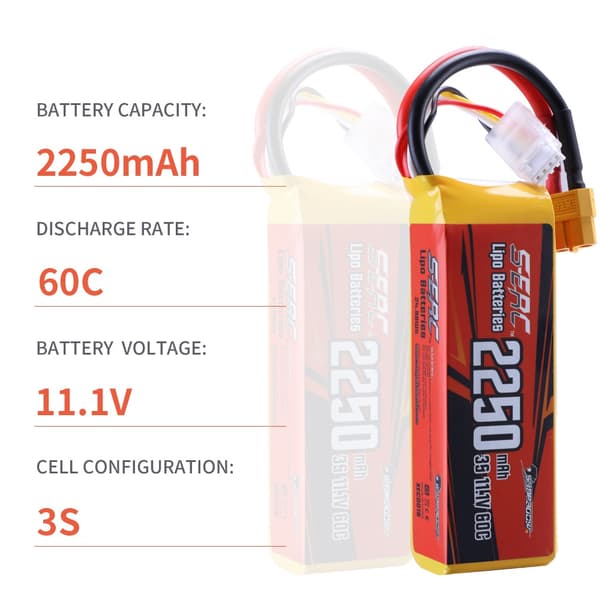 RC Lipo-batteri, 11,1V 2250mAh, XT60-kontakt, 2250-3S60C-XT60-2st