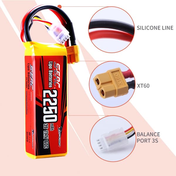 RC Lipo-batteri, 11,1V 2250mAh, XT60-kontakt, 2250-3S60C-XT60-2st