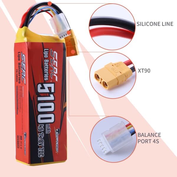 RC Lipo-batteri, 148V hög spänning, XT90-anslutning, 14,8V, 5100-4S-70C-XT90
