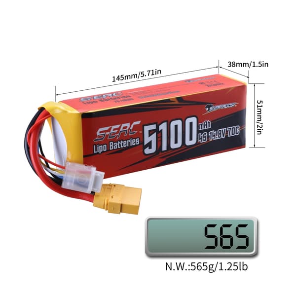 RC Lipo-batteri, 148V hög spänning, XT90-anslutning, 14,8V, 5100-4S-70C-XT90
