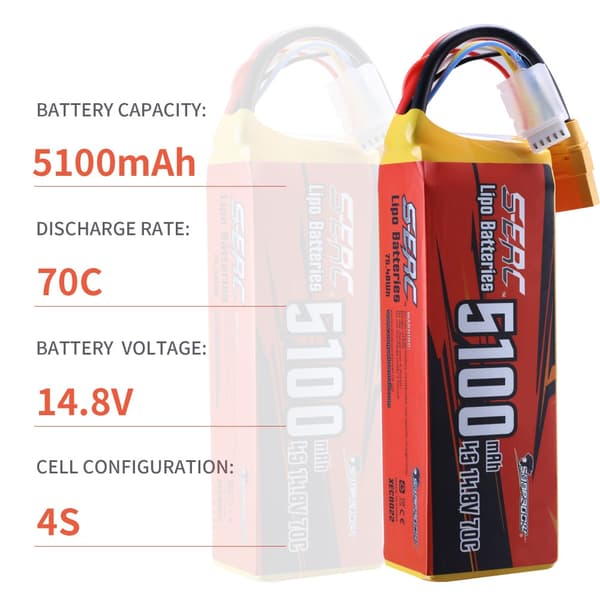 RC Lipo-batteri, 148V hög spänning, XT90-anslutning, 14,8V, 5100-4S-70C-XT90