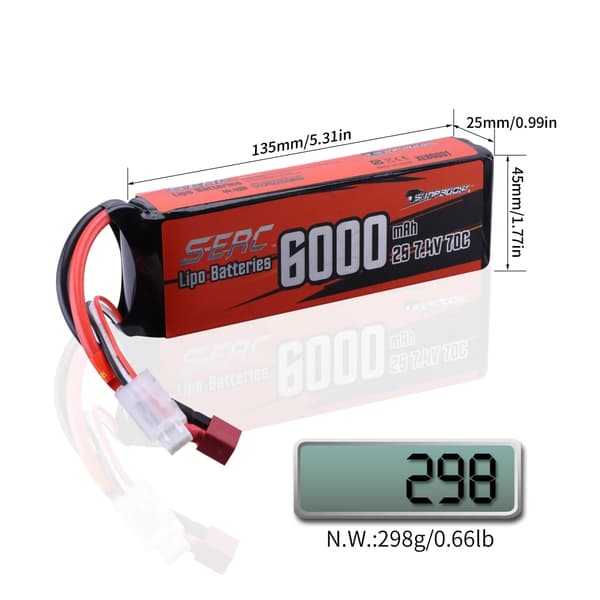Lipo-batteri, 74V 6000mAh, 70C mjukpackning, 6000-2S1P-70C-Tplug, 7,4V