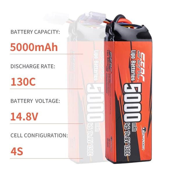 5000mAh 4S Lipo-akku, 14.8V jännite, purkausnopeudet 70C/100C/130C,5000-4S-100C-EC5
