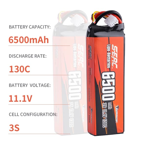 Lipo-batteri 6500mAh, 11.1V, 130C urladdningshastighet,6500-3S-11.1V-T, 11,1V
