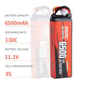 Miniatyrbild 2 av 2: Lipo-batteri 6500mAh, 11.1V, 130C urladdningshastighet,6500-3S-11.1V-T, 11,1V