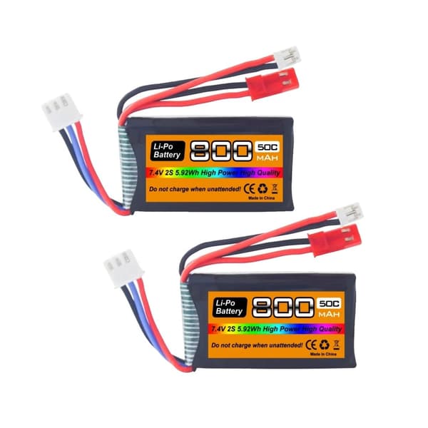 7.4V Li-Po akku, 800mAh kapasiteetti, 50C purkausnopeus,2 kpl