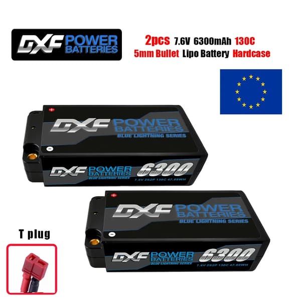 DXF Lipo-batteri, 6300mAh kapacitet, 130C afladningshastighed,2PCS2S6300130CT5MM