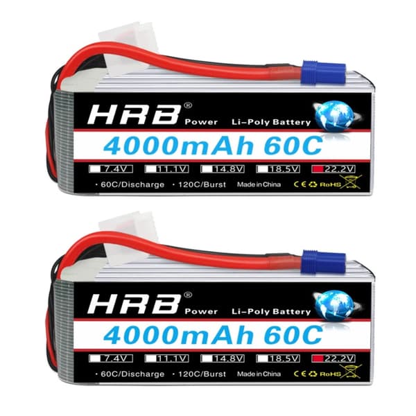 HRB Lipo-batteri, 22.2V 4000mAh, 60C afladningshastighed,6S 4000mah EC5 2PC