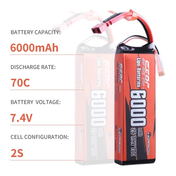 Lipo Batteri, 6000mAh Kapacitet, Deans T Plug Kompatibilitet, 6000mAh-2S-70C-T