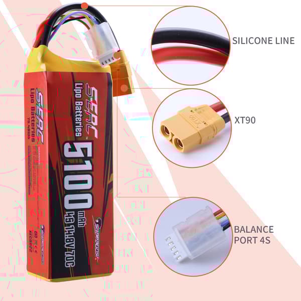 RC Lipo -akku, 148V korkea jännite, XT90-liitin, 14,8V, 5100-4S-70C-XT90