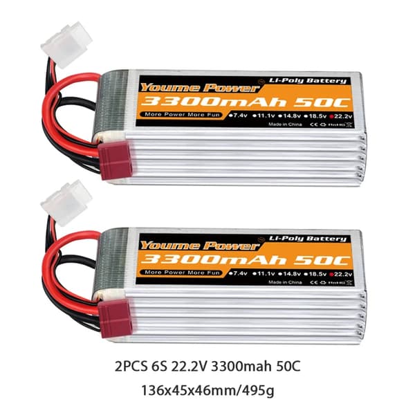 Lipo-akku, suuri kapasiteetti, useita kokoja, 6S 3300mAh 50C T