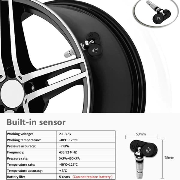 TPMS solcellsdriven bildäckstryck automatisk larmvakt med 4 inbyggda sensorer, LCD-display, bred kompatibilitet, enkel installation
