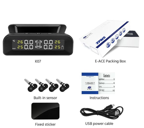 TPMS solcellsdriven bildäckstryck automatisk larmvakt med 4 inbyggda sensorer, LCD-display, bred kompatibilitet, enkel installation