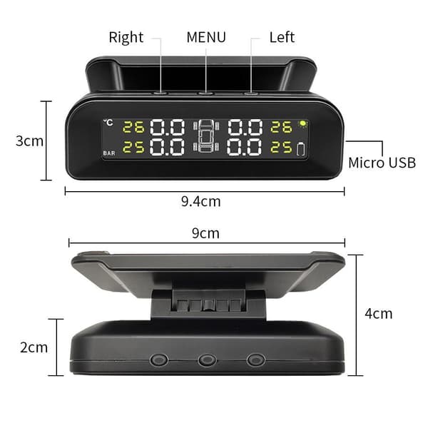 TPMS solcellsdriven bildäckstryck automatisk larmvakt med 4 inbyggda sensorer, LCD-display, bred kompatibilitet, enkel installation