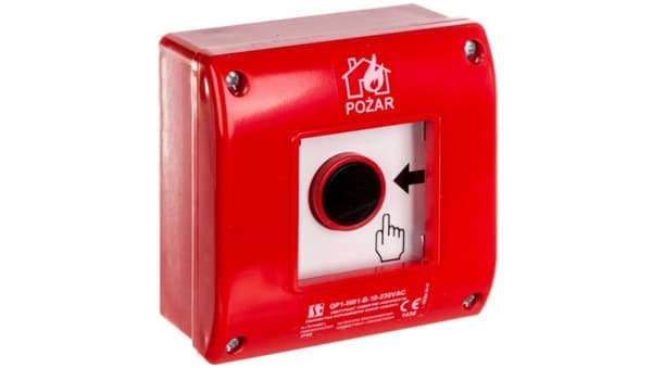 Manuel overflademonteret brandalarmtryk, 1NO kontakt + LED 230V AC OP1-W01-B10-230