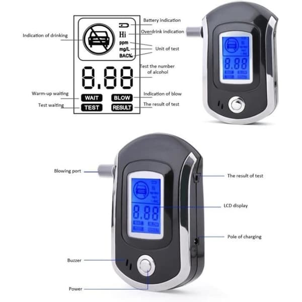 Alkotest av alkohol, Professionell högprecisions alkoholtestare med LCD-skärm och 5 munstycken, Personlig alkotest.