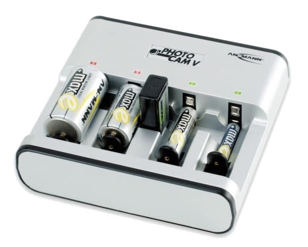 Battery charger, 5 batteries, all sizes, LED, silver