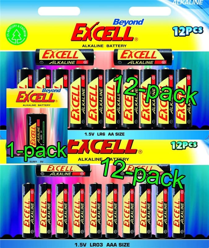 Batteripaket med Beyond Excell AA (LR6), AAA (LR03) och 9V (6LR61), alkaline