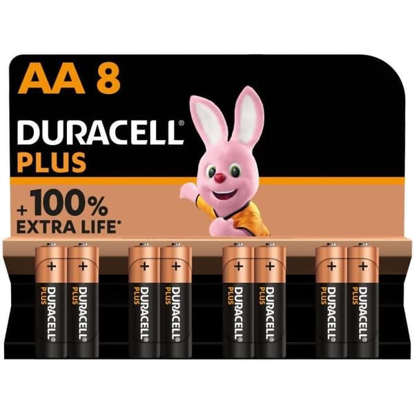 Duracell batterier Paket med 8 AA Duracell Plus alkaliska batterier, 1,5V LR06