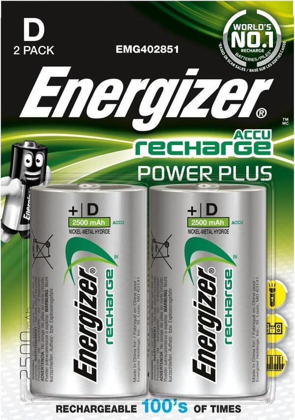 Energizer 2500 mAh ladattava akku Power Plus D - 2 kpl läpipainopakkaus