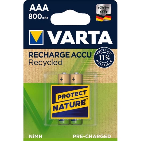 VARTA Recharge Accu Genanvendt genopladeligt, klar-til-brug foropladet AAA Micro Ni-MH-batteri (pakke med 2, 800mAh) - lavet af 11 % genbrugsmateriale