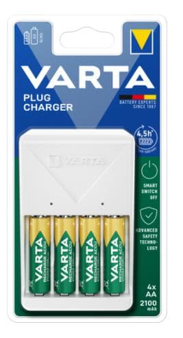 VARTA stikoplader inkl. 4x AA 2100mAh batteri Pålidelige funktioner til fremragende opladningsresultater i kombination med et moderne VARTA design giv Hvid