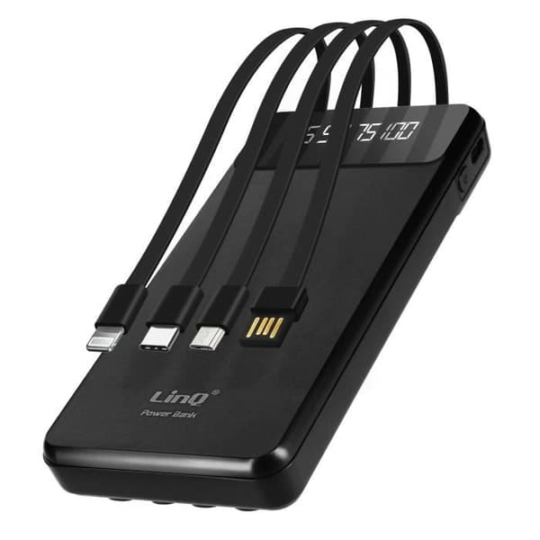Batteri Sök - LINQ - 15000mAh - Avtagbar 4-i-1 Kabel - Kompakt USB Utgång - Svart