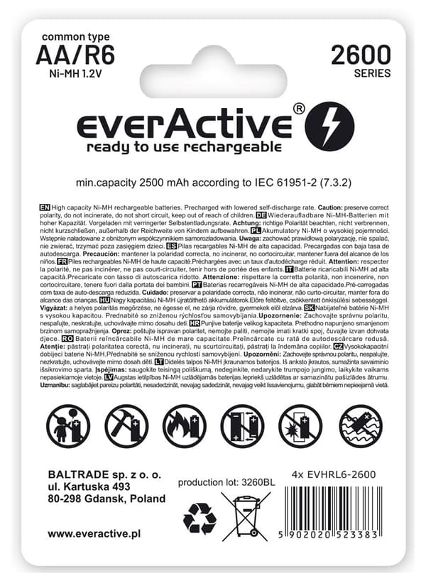 Genopladelige batterier everActive Ni-MH R6 AA 2600 mAh Professional Line