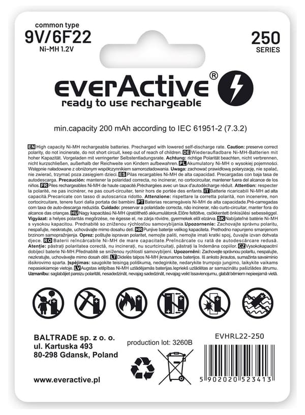 Genopladelige batterier everActive Ni-MH 6F22 9V 250 mAh Silver Line