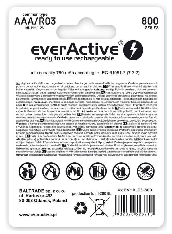 Uppladdningsbara batterier everActive Ni-MH R03 AAA 800 mAh Silver Line - 2 st