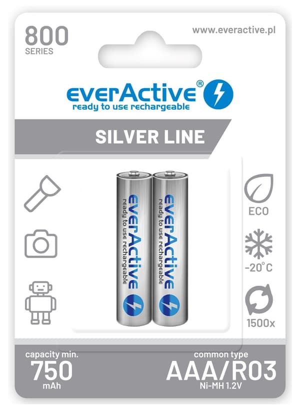 Uppladdningsbara batterier everActive Ni-MH R03 AAA 800 mAh Silver Line - 2 st