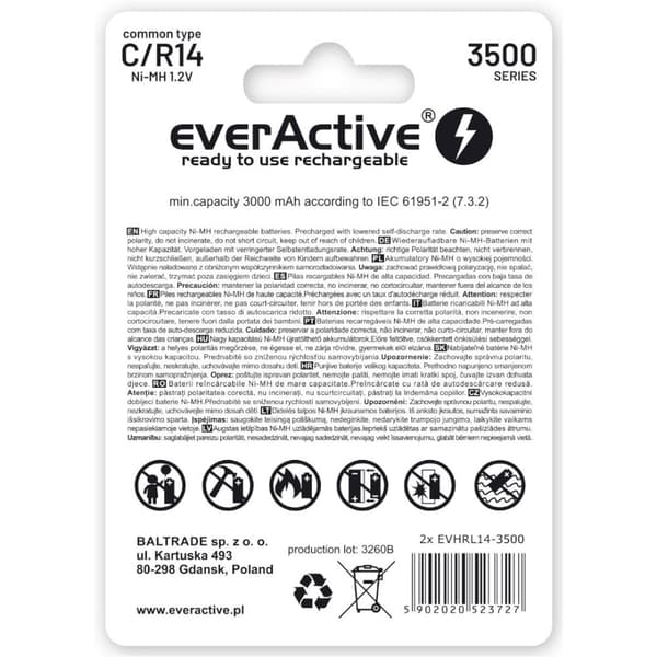 Genopladelige batterier everActive R14/C Ni-MH 3500 mAh klar til brug